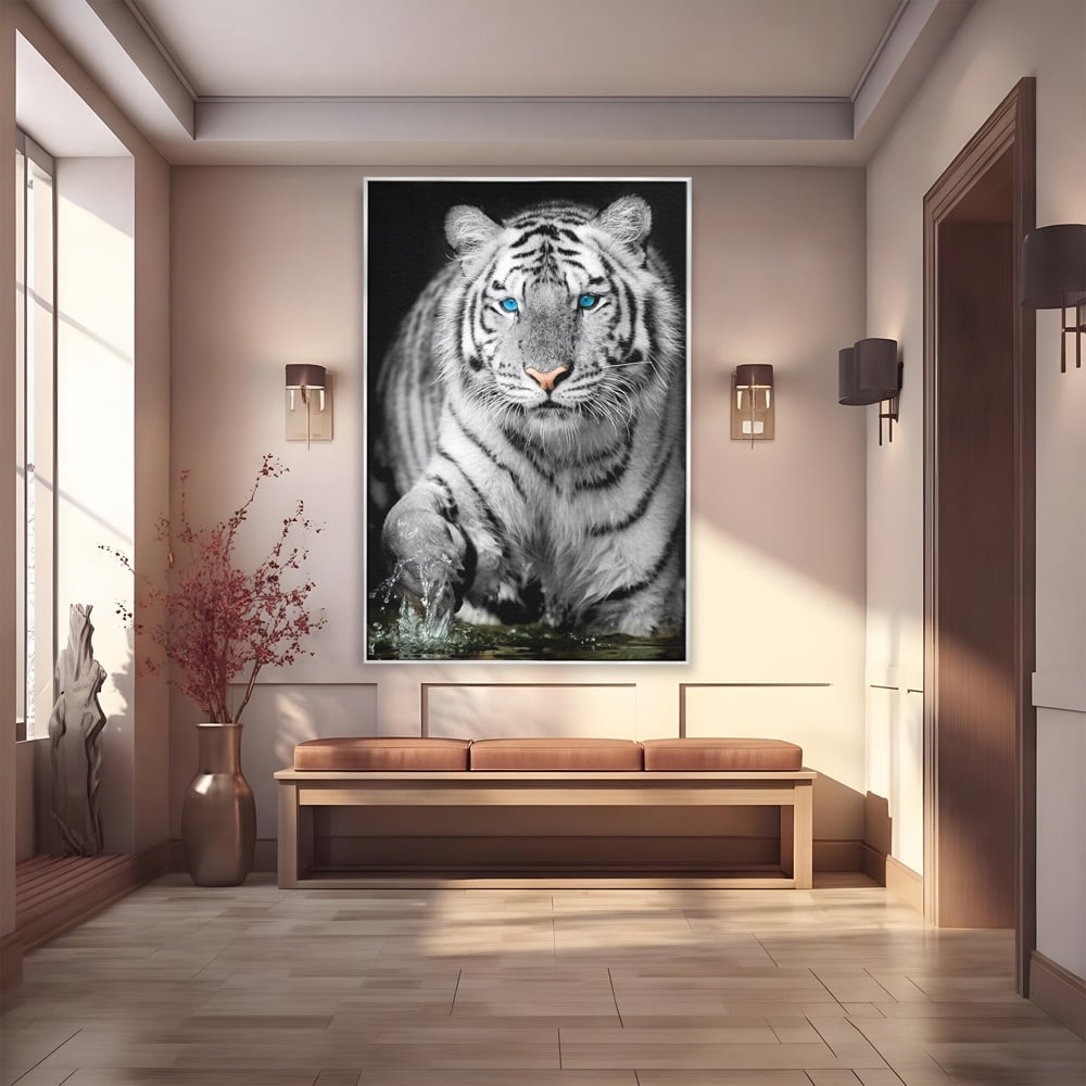 Tablou canvas cu tablou canvas cu tigru alb, in rama de aluminiu argintiu